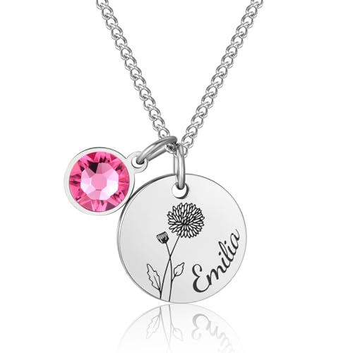 Personalisierte Geburtsblume Halskette Damen mit Geburtsstein & Gravur – Namenskette Damen Edelstahl Silber Rosegold– Kette mit Buchstaben Namen Anhänger – Geschenk Mutter Tochter Freundin