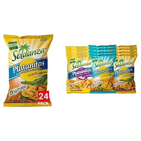 Soldanza Lightly Salted Plantain Chips, 2.5 Ounce (Pack of 24) + Soldanza Plantain Chips, Variety Pack 2.5 oz (Pack of 12) 4 x Salted, 4 x Ripe, 4 x Garlic Cover
