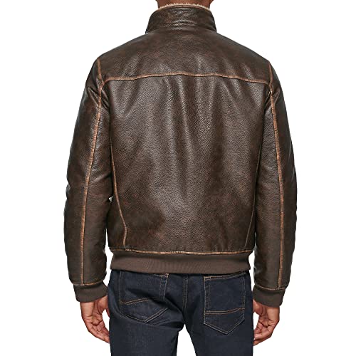 Tommy Hilfiger Men's Faux Leather Bomber Jacket, Brown Sherpa Collar, Large #TOP3