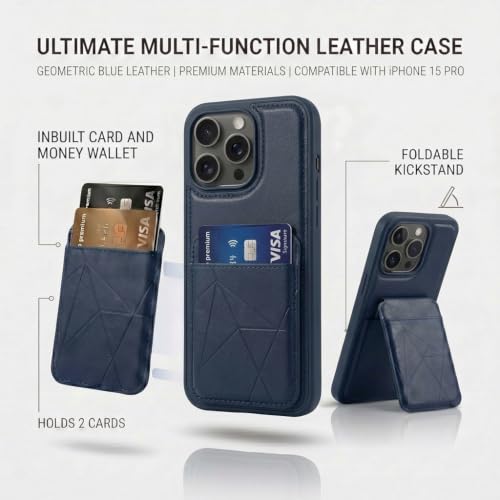 Image of amazon basics Premium Vegan Leather Back Cover with Card Holder and Integrated Mobile Stand for iPhone 15 Pro - Slim Shockproof Wallet Case with Geometric Stitching [Blue]