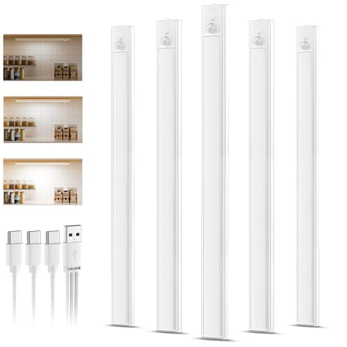 daphomeu 5 Pack 40CM Luces led Cocina Recargables, Luz Armario Sensor Movimiento Atenuable tipo C carga,Blanco frío Luz Sensor Movimiento Interior, Lampara Led para estantería, armario de escaleras