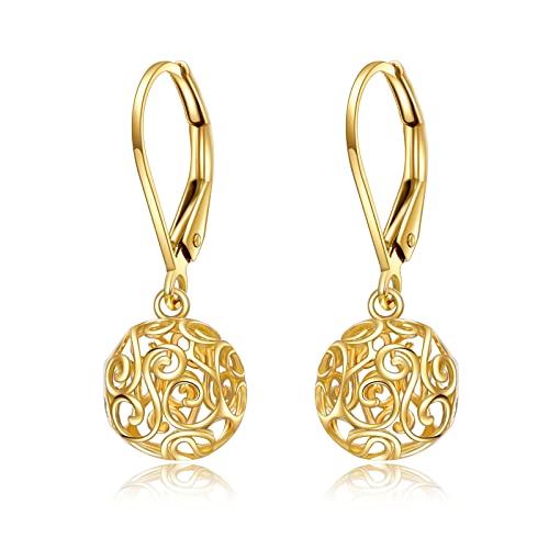 KECHO 14k Solid Gold Teardrop Earrings for Women Leverback Cage Filigree Dangle Drop Earrings Jewelry Birthday Gifts for Her
