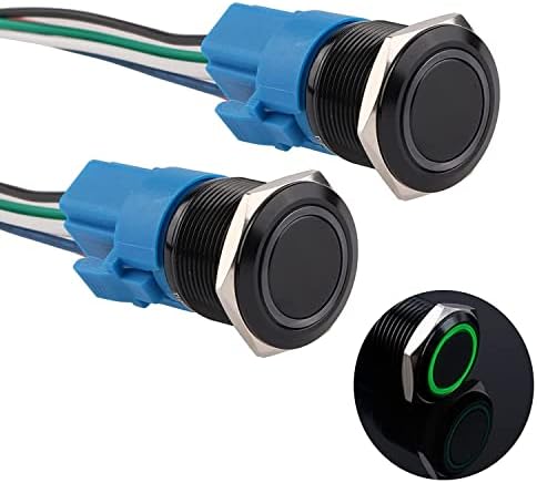JIQI 22mm Momentary Push Button Switch Waterproof 12V-24V 1NO 1NC Black Aluminium Alloy Metal Push-Button Switch Ring LED with Wire Socket Plug for Car Marine(Green,Pack of 2)