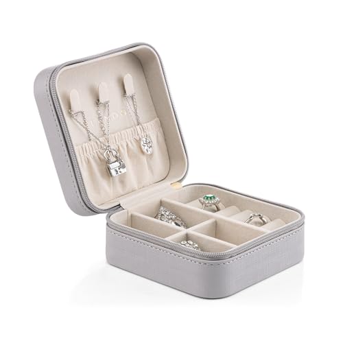 Vlando Small Travel Jewelry Box Organizer Display Case for Girls Women Gift Rings Earrings Necklaces Storage, Light Grey