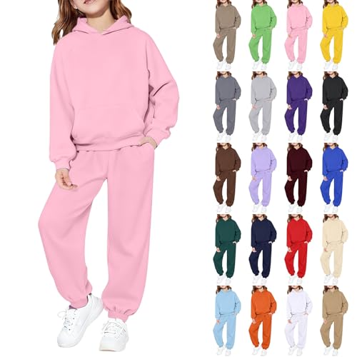TYUSGH Conjunto de chándal para niñas, sudadera con capucha y pantalones deportivos, conjunto completo de 2 piezas, ropa deportiva, rosa, 5-6 años