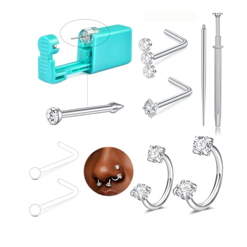 QWALIT 18g Nose Piercing Kit Silver Nostril Ring Piercing Gun Self Horseshoe Nose Ring Double Gem Hoops Double Studs Disposable Nostril Piercings Gun Kits at Home Piercer Changing Threader Screw Ball