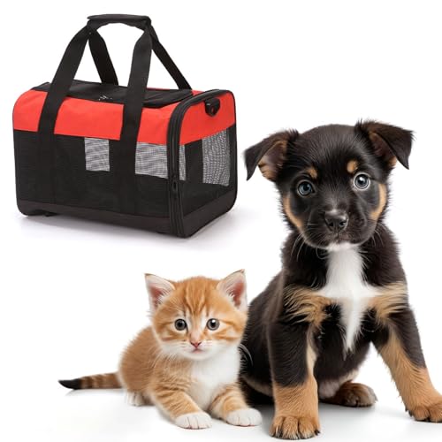 LANWHO ペットキャリーバッグ レッド 38×25×26cm 猫・小型犬・うさぎ用 中大型猫対応 折りたたみ式 手提げ・ショルダー 2way マット付き ペットが快適 通気性 車載 ドライブ キャンピング 旅行 通院 災害避難用 猫リュック機能 安全性