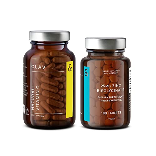 Natural Vitamin C And Zinc Bundle - Vit C 500Mg And Zinc Bisglycinate 25Mg Per Serving - Antioxidant & Immune Support Supplement - Vegan - 120 Capsules Vit. C & 180 Zinc Tablets - Made In Germany #TOP8