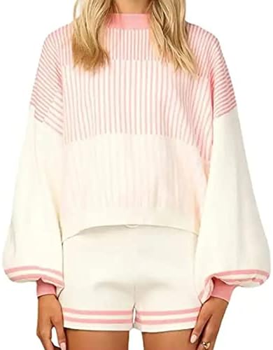 SCWHTHR Women's Casual Striped 2 Piece Knitted Outfits Crewneck Knit Pullover Wide Leg Shorts Sweater Set(White-S)
