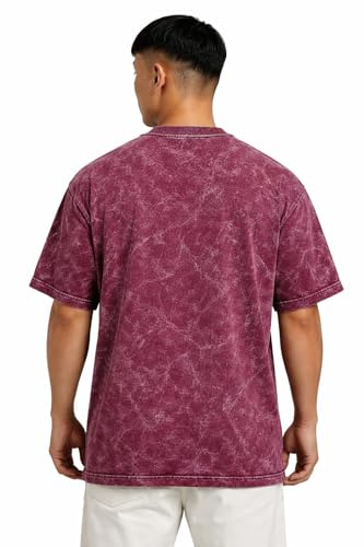 Image of VEL Plain 240 GSM Heavy Cotton Acid wash Oversized Tshirt Men Drop Shoulder Half Sleeves Round Neck Solid Cotton T-Shirts for Men