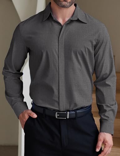 COOFANDY Mens Button Down Long Sleeve Shirts Work Office Clothes Fall Summer 2024 Fashion Untucked Travel Shirt Slim Fit Anti-Wrinkle Uniform Dress Shirt Dark Grey Gray Medium - Image 2