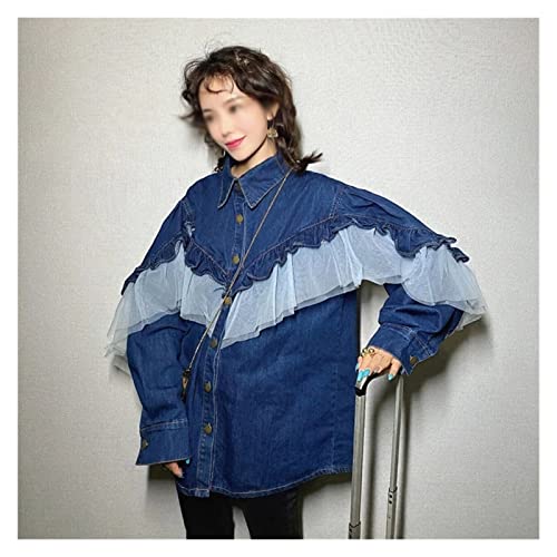 Image of Lace Ruffle Patchwork Jeans Blouse Causal Long Sleeve Woman Cowboy Demin Shirts(L Code)