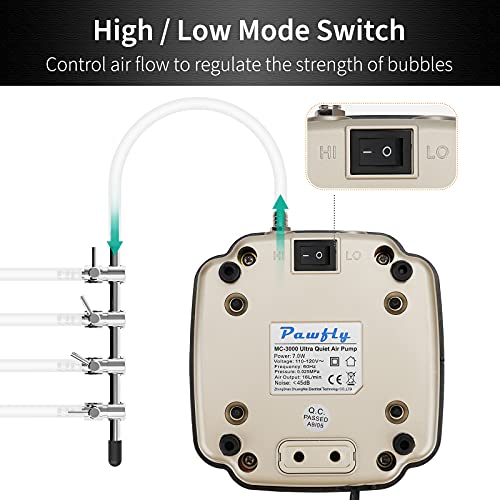 Pawfly 7 W 960 L/H Air Pump Aquarium Silent Adjustable Oxygen Pump Commercial with Ball Air Stones 4 Outlets Aquarium Splitter Check Valves and Airline Tubing Accessories for Pond Tank up to 1000L - Image 3