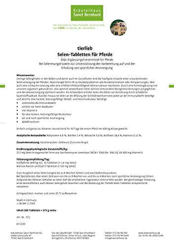 tierlieb Selen-Tabletten für Pferde | Mit Vitamin E | ADMR-konform | Diät-Ergänzungsfuttermittel | 500 Tabletten