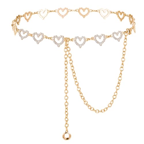 Abien Waist Chain Belt for Women Heart Rhinestone Chain Belt Gold Silver Body Chain Metal Belly Chain for Dresses Jeans