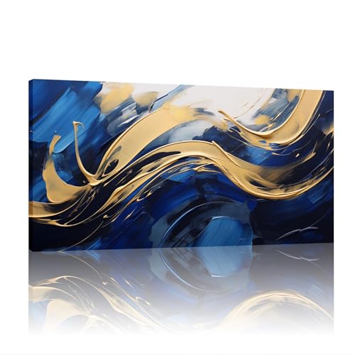 Art mural abstrait bleu et or 60x120cm avec cadre intérieur pour salon