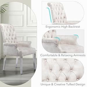 Luxurious velvet dining chairs set of 2 modern upholstered tufted dining room chairs armrests dining chairs with stainless steel leg beige  urban country home decor