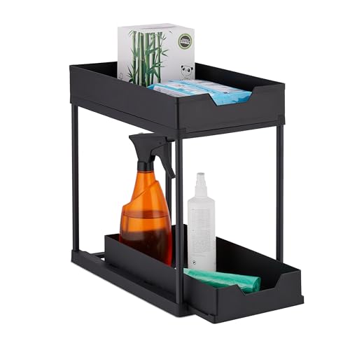 Organizer Mobile Sottolavello Scaffale a 2 Ripiani Estraibile 37 x 22 x 40 cm Mensola Cucina e Bagno nero