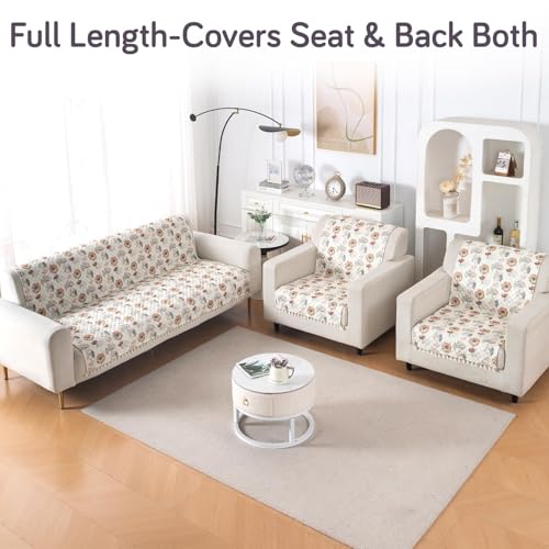 Image of HOKIPO Wildflower Breeze Quilted Sofa Cover 5 Seater Set - Washable 3+1+1 Sofa Cover for Seat & Back with Tassel Design | 'Tassel Twigs' Series (NEW-IN-991-T7 + IN-989-T7)
