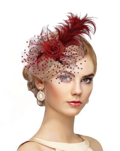 Zinniday Derby Hats for Women 2026 - Victoria Wine Red Kentucky Elegant Feather Mesh Fascinators Hat with Detachable Headband 1920s Tea Party Headwear for Church Cocktail Party Carnival Halloween