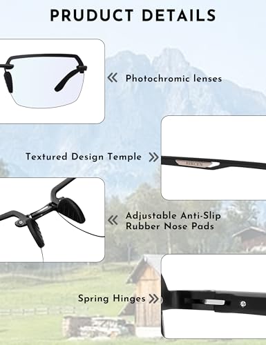 Image of BIRCEN Mens Metal Photochromic Sunglasses: UV Protection Al-Mg Sun Glasses Ultra-light Rimless Shades for Driving Cycling