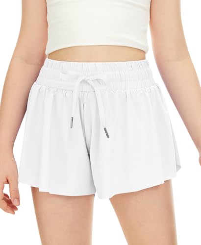 QooNoo Girls Butterfly Shorts with Pocket Flowy Athletic Shorts High Waist Preppy Running Shorts for Kids Teen