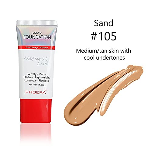 Aquapurity Phoera Full Coverage Foundation New Formula Waterproof Long Lasting Oil Free Velvet Matte Liquid Foundation For Oily Skin Flawless Makeup Base Cream Concealer (105 Sand) #TOP1