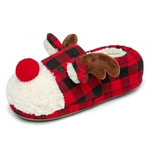 ASHION Women’s Cute Fuzzy Reindeer House Slippers Stuffed Animal Bedroom Slippers Cozy Christmas Indoor Shoes