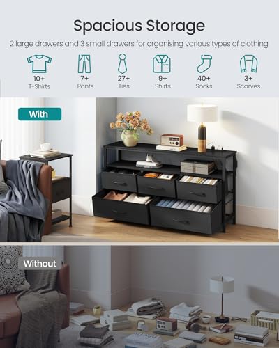Image of SONGMICS BELLAH Collection - Dresser for Bedroom with App-Controlled LED Lights and Charging Station, Chest of Drawers, TV Stand, 5 Drawers, Shelf, Modern, Ink Black ULGS723BH02S
