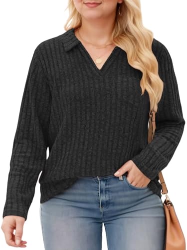 Image of VISLILY Womens-Plus-Size-Tops Collared V Neck Polo Shirts Lightweight Long Sleeve Sweaters Trendy Pocket Decor Tunic Blouses