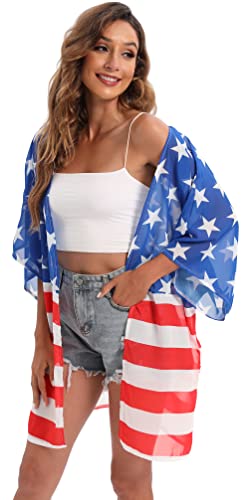 Image of DDSOL Women's American Flag Kimono Cover up Beachwear Cardigan Loose Tops Shirt Blouse