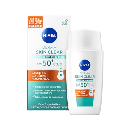 NIVEA – Soin Visage Fluide Anti-UV Derma Skin Clear FPS50+ – Matifie La Peau – Prévient L&rsquo;Obstruction Des Pores & Les Imperfections – Carnitine, Glycérine & Niacinamide – Peaux À Imperfections – 40 ml