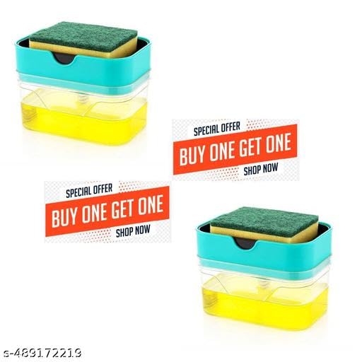 2 in 1 Soap Dispenser for Bathroom Accessories Dishwasher Liquid Holder Liquid Dispenser Pump 450 ML with Sponge Holder Kitchen Sink Accessories Items (Pack of 2) 1