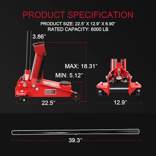 Image of Big RED T830025-1 Floor Jack Heavy Duty Hydraulic Steel Service Jack with Single Piston Quick Lift Pump and Detachable Handle, 6,000 LBS Capacity, Black
