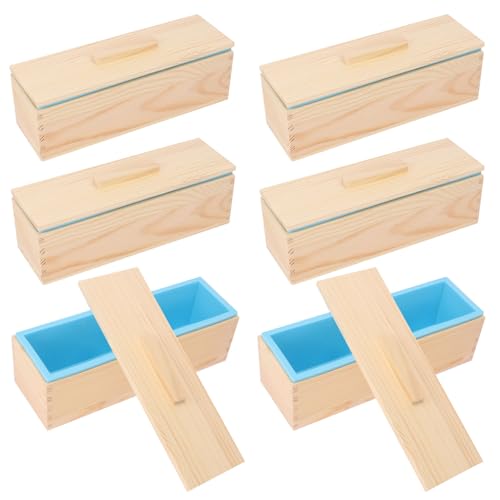 6 Packs Artisan Soap Loaf Wood Box for Soap Making, Blue 42 oz Premium Silicone Loaf Soap moldss with Wooden Box and Lid - Ideal for Large Size Homemade Soaps, Flexible and Heat Resistant