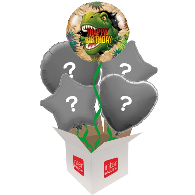 Helium Inflated Balloon in a Box - Dino Blast Happy Birthday Balloon in a 5 Balloon Bouquet on a Tasselled Weight with lots of Curly Ribbon and Confetti Sprinkles