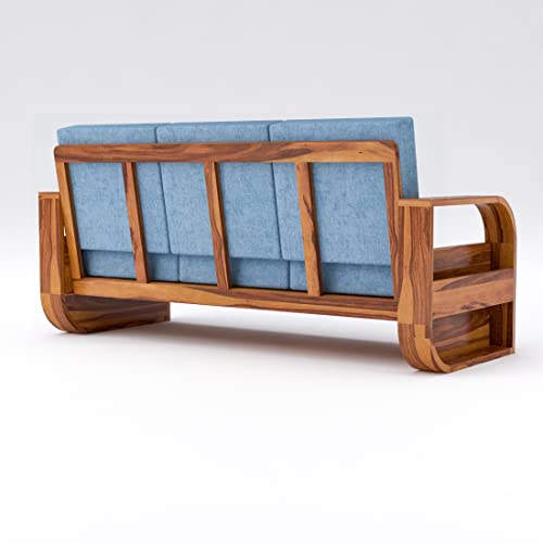 Image of Douceur Furnitures Solid Sheesham Wood 3 Seater Sofas | Three Seater Sofa for Living Room, Cafe, Office | (Honey Teak Cushion Sky Blue)