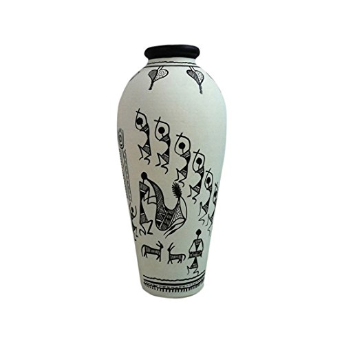 Image of ExclusiveLane Earthenware Round Shaped Showpiece & Tabletop Flower Terracotta Vase for Shelf, Side Table & Desk (21.4 cm x 11.8 cm x 11.1 cm, White)