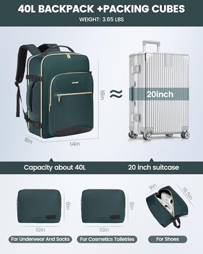 Image of LOVEVOOK 40L Travel Backpack Flight Approved Carry on Backpack,3 Packing Cubes,Waterproof Personal Item Travel Bag,TSA Carry on Luggage Suitcase Travel Essentials,Gifts for Women & Men,fits 17 inch Laptop