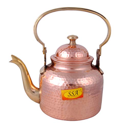 Shiv Shakti Arts Copper Tea Pot/Ketali/Kettle, 1350 ML - for Makting Tea & Coffee Serving Item (Inside Nickle Plated, Hammer Design - No.2)