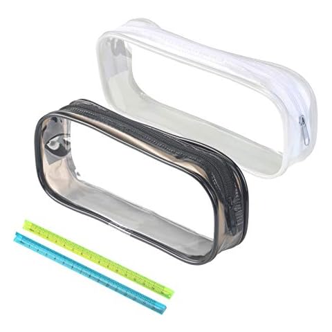 KATOOM 2pcs Clear Pencil Case,Big Capacity PVC Zipper Pencil Case Exam Pen Transparent Pouch with 2pcs Rulers for Stationery Cosmetics Storage (Black,White) Cover