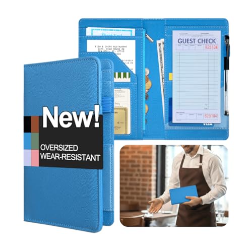 LINTRU Oversized Server Book, Expandable & Zipper Pockets Server Books for Waitress, Double Reinforced & Wear-Resistant PU Leather Waitress Book, Perfect for Restaurants, Cafés & Bars (Sky Blue)