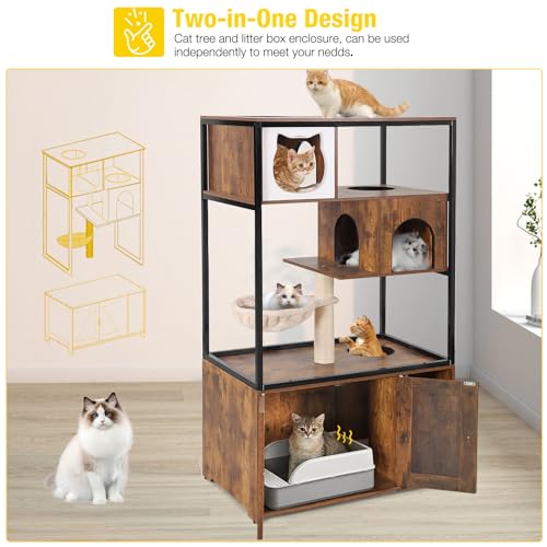 Aivituvin Cat Litter Box Enclosure, Litter Box Furniture Hidden, Wooden Cat Washroom Furniture, Indoor Cats House with Condo, Hammock, Scratching Mat and Storage Shelves