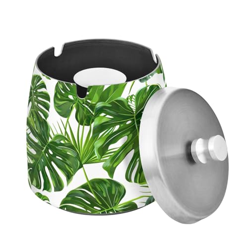 Cgiub Cenicero de hojas de palma con tapa, resistente al viento, acero inoxidable, cenicero para interiores y exteriores, sin olor, para patio,...