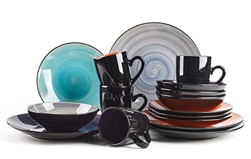 Homevss Sonoma 16 Piece Stoneware Dinner Set, Samoa, Outside Black + Inside Hand Painted Combi Colors Of Grey, Orange, Purple And Turquoise) With Speckle #TOP1