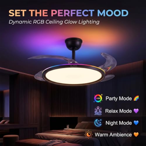 Image of oltao Zyro UltraSlim Retractable Ceiling Fan with RGB Ceiling Glow & 3-Color LED Panel Light, Summer /Winter Mode, Remote Control, 42 Inch Sweep (2026 Model) (Black Aura Glow, 42 inches)