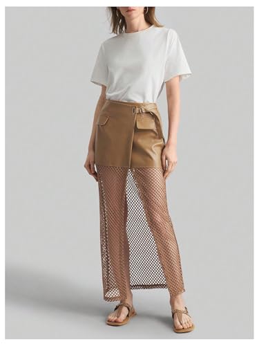 MakeMeChic Women's PU Leather Buckle Cargo Skirt Wrap Sheer Summer Long Skirts Streetwear4