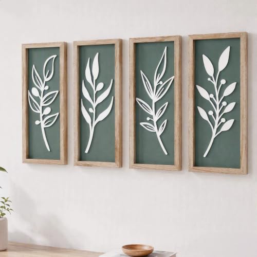 3D Tree Leaf Boho Wall Art, Sage Green, Wooden Framed, Set of 4