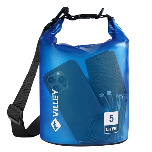 Image of VILLEY Dry Bag Waterproof 5L Roll Top Storage Backpack, Keeps Gear Dry Lightweight Backpack for Kayaking Boating Camping Swimming and Beach Accessories Blue Transparent