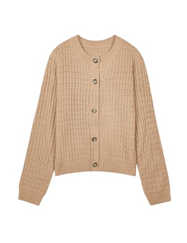 Women's Cute Waffle Knit Button Sweater Cardigans Fall 2024 Dressy Casual Lightweight Crewneck Long Sleeve Cardigan3